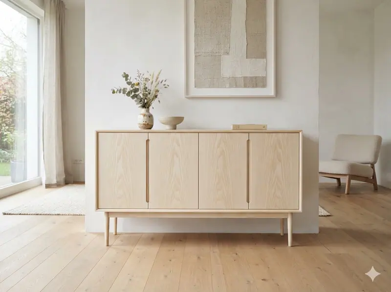 Helles Sideboard aus Esche in einem lichten Raum